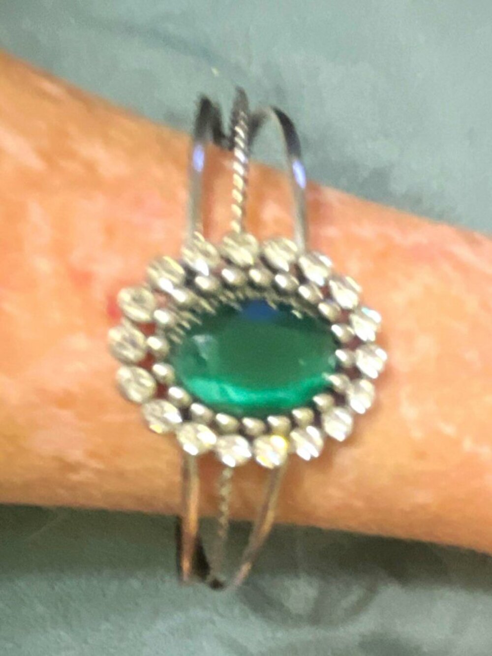 Silver Tone Cuff Bracelet Oval Green Center Stone Clear Accent Stones
